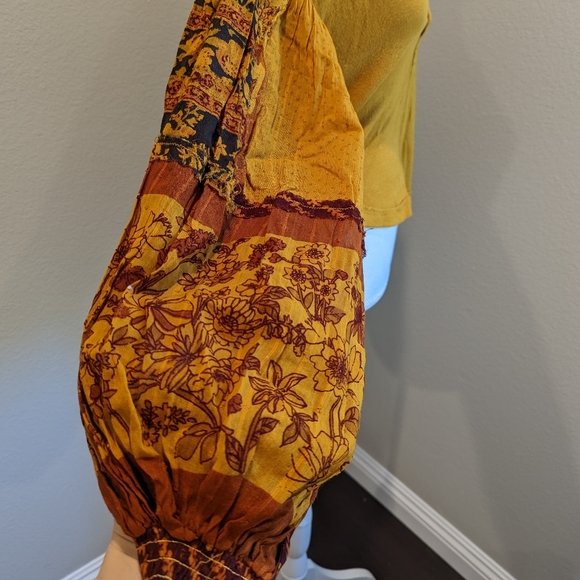 Free People Shirt Womens Mustard Suede Suntan Puff Sleeve Light Magic Henley XS - Picture 7 of 8